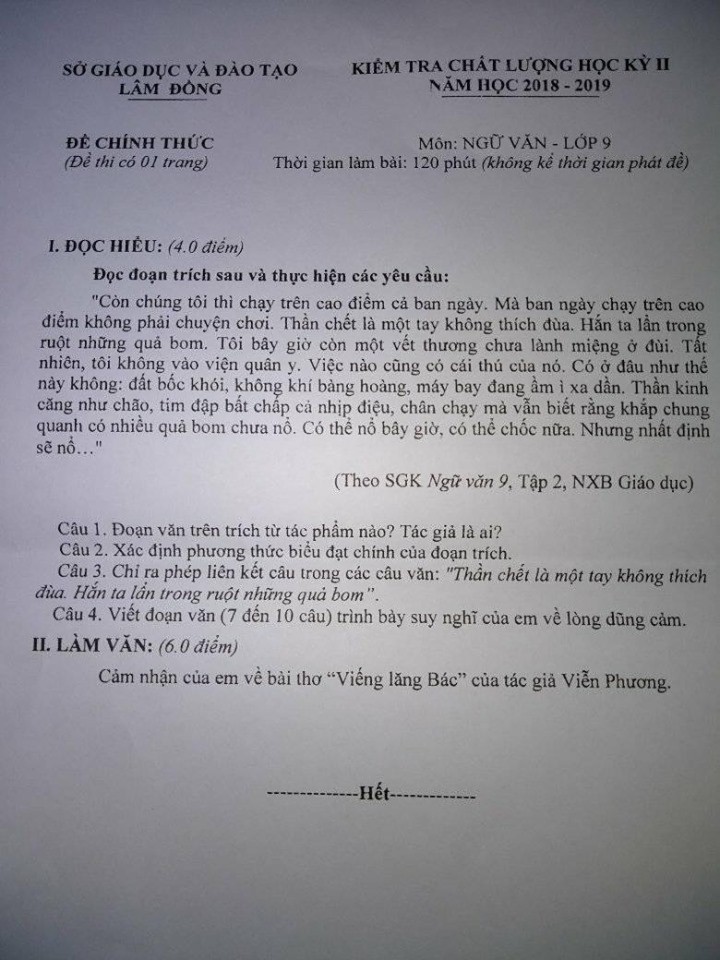 Đề thi học kì 2 lớp 9 môn Ngữ văn Sở GD&ĐT Lâm Đồng năm 2019 - Ảnh 1. Đề thi học kì 2 lớp 9 môn Ngữ văn Sở GD&ĐT Lâm Đồng năm 2019 - Ảnh 1.