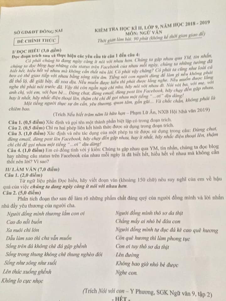 Đề thi học kì 2 lớp 9 môn Ngữ văn Sở GD&ĐT Đồng Nai năm 2019 - Ảnh 1. Đề thi học kì 2 lớp 9 môn Ngữ văn Sở GD&ĐT Đồng Nai năm 2019 - Ảnh 1.