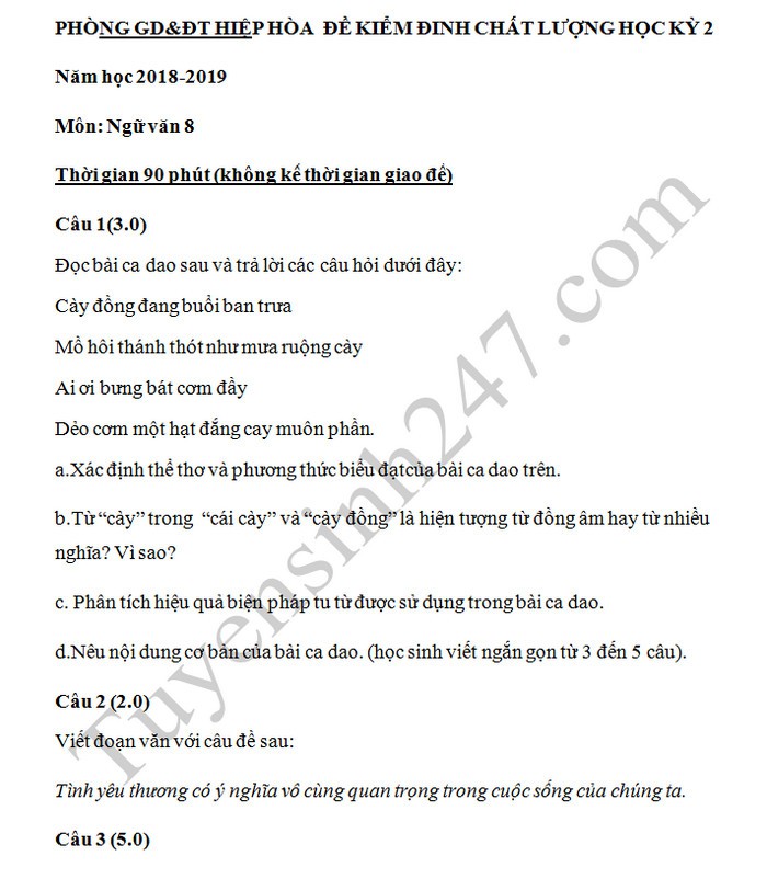 Đề thi học kì 2 lớp 8 môn Ngữ văn Phòng GD&ĐT Hiệp Hòa năm 2019 - Ảnh 1. Đề thi học kì 2 lớp 8 môn Ngữ văn Phòng GD&ĐT Hiệp Hòa năm 2019 - Ảnh 1.