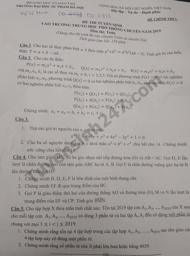 Giải chi tiết đề Toán vòng 2 thi vào lớp 10 THPT chuyên ĐH Sư phạm Hà Nội năm 2019 - Ảnh 1. Giải chi tiết đề Toán vòng 2 thi vào lớp 10 THPT chuyên ĐH Sư phạm Hà Nội năm 2019 - Ảnh 1.