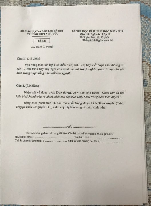 Đề thi học kì 2 lớp 10 môn Ngữ văn THPT Việt Đức năm 2019 (đề lẻ) - Ảnh 1. Đề thi học kì 2 lớp 10 môn Ngữ văn THPT Việt Đức năm 2019 (đề lẻ) - Ảnh 1.