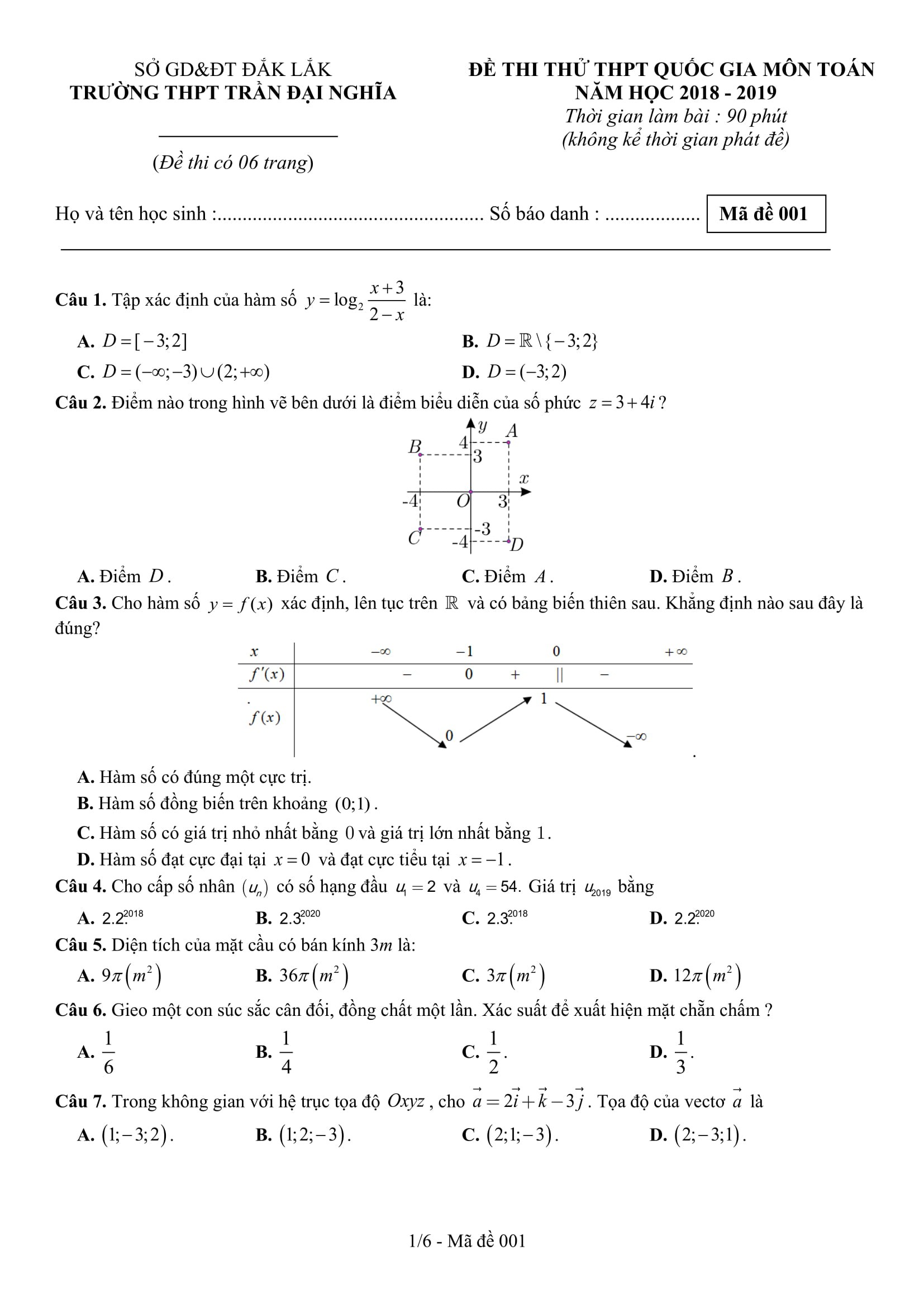 Đề thi thử THPT quốc gia 2019 môn Toán THPT Trần Đại Nghĩa có đáp án - Ảnh 1.