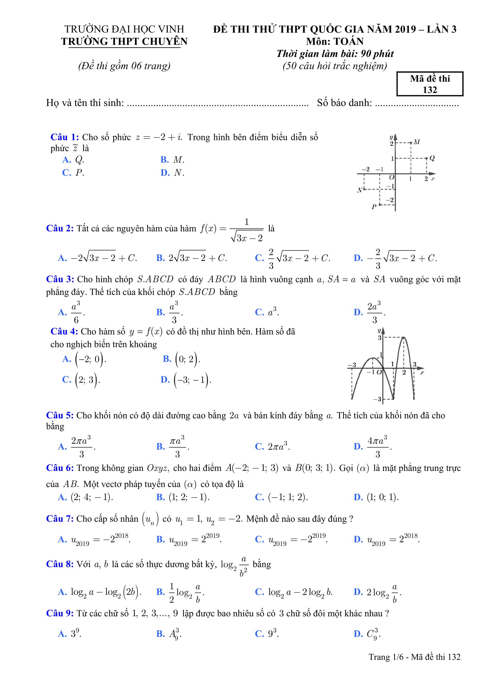 Đề thi thử THPT quốc gia 2019 môn Toán THPT Chuyên ĐH Vinh lần 3 có đáp án - Ảnh 1. Đề thi thử THPT quốc gia 2019 môn Toán THPT Chuyên ĐH Vinh lần 3 có đáp án - Ảnh 1.