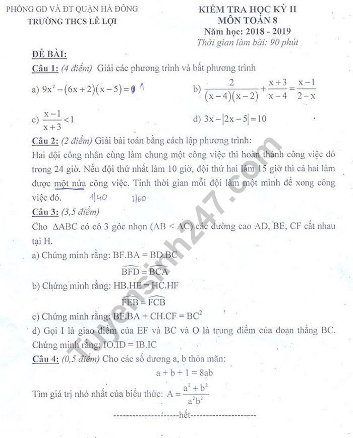 Đề thi học kì 2 lớp 8 môn Toán trường THCS Lê Lợi năm 2019 - Ảnh 1. Đề thi học kì 2 lớp 8 môn Toán trường THCS Lê Lợi năm 2019 - Ảnh 1.