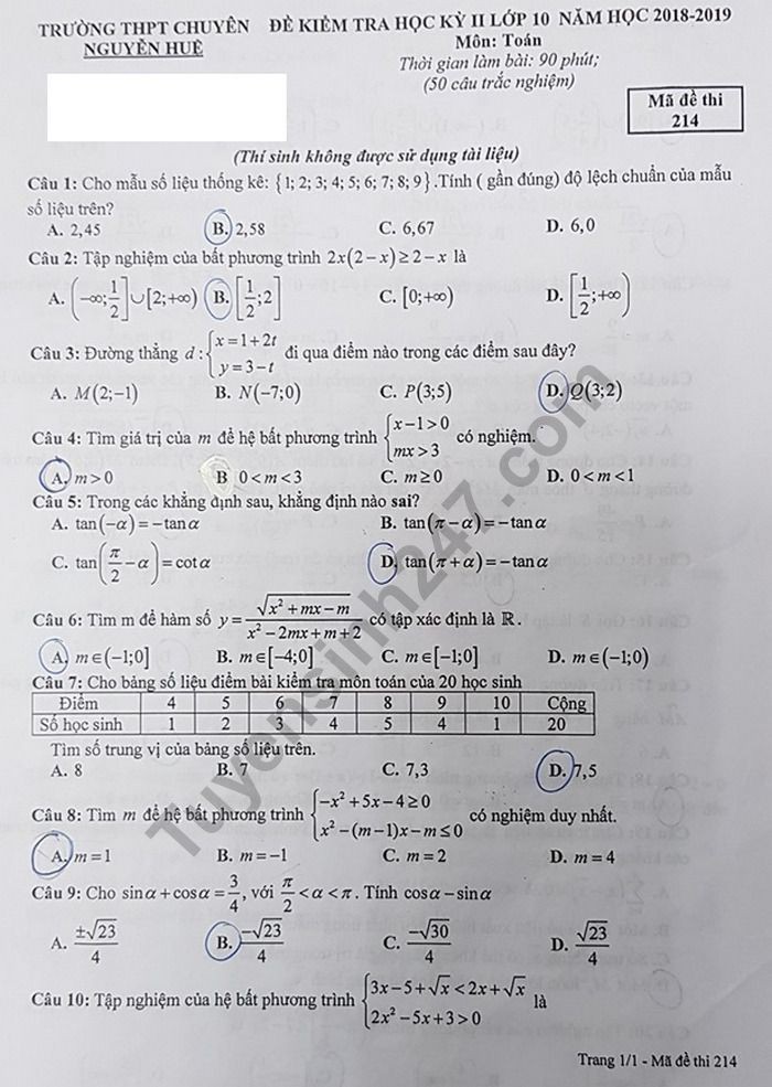 Đề thi học kì 2 lớp 10 môn Toán THPT chuyên Nguyễn Huệ năm 2019 - Ảnh 1. Đề thi học kì 2 lớp 10 môn Toán THPT chuyên Nguyễn Huệ năm 2019 - Ảnh 1.