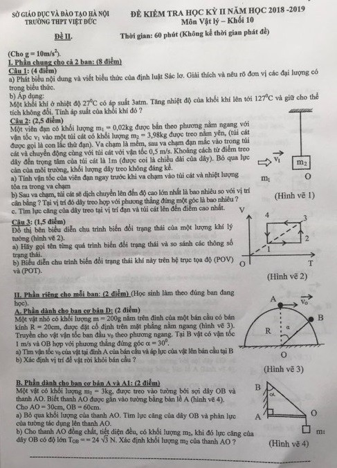 Đề thi học kì 2 lớp 10 môn Vật lý THPT Việt Đức năm 2019 (đề 2) - Ảnh 1.