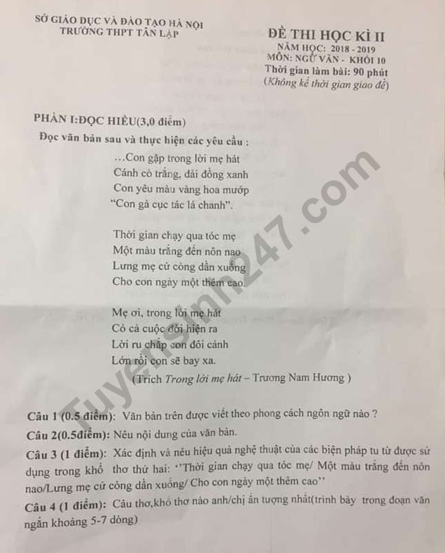 Đề thi học kì 2 lớp 10 môn Ngữ văn THPT Tân Lập năm 2019 - Ảnh 1.