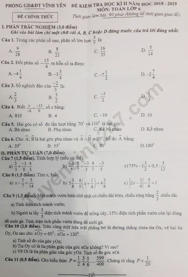 Đề thi học kì 2 lớp 6 môn Toán Phòng GD&ĐT Vĩnh Yên năm 2019 - Ảnh 1. Đề thi học kì 2 lớp 6 môn Toán Phòng GD&ĐT Vĩnh Yên năm 2019 - Ảnh 1.