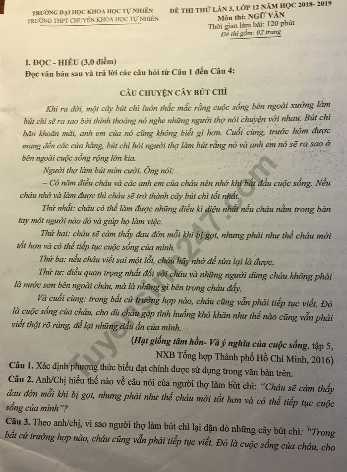 Đề thi thử THPT quốc gia 2019 môn Ngữ văn THPT chuyên Khoa học tự nhiên lần 3 có đáp án - Ảnh 1. Đề thi thử THPT quốc gia 2019 môn Ngữ văn THPT chuyên Khoa học tự nhiên lần 3 có đáp án - Ảnh 1.