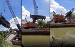 Cần cẩu gãy đôi, rơi thẳng xuống sông khi trục vớt xe tải bị sập cầu ở Đồng Tháp