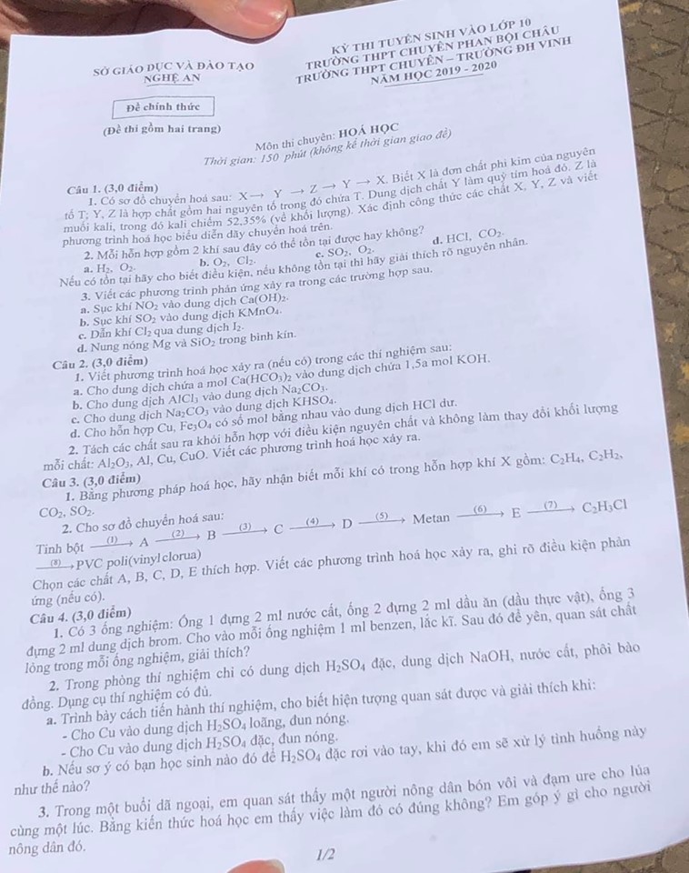 Đề thi vào lớp 10 chuyên môn Hóa học tỉnh Nghệ An năm 2019 - Ảnh 1. Đề thi vào lớp 10 chuyên môn Hóa học tỉnh Nghệ An năm 2019 - Ảnh 1.