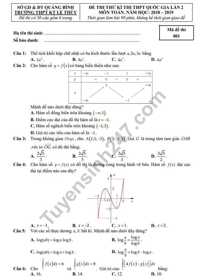 Đề thi thử THPT quốc gia 2019 môn Toán THPT Kĩ thuật Lệ Thủy lần 2 kèm đáp án - Ảnh 1. Đề thi thử THPT quốc gia 2019 môn Toán THPT Kĩ thuật Lệ Thủy lần 2 kèm đáp án - Ảnh 1.