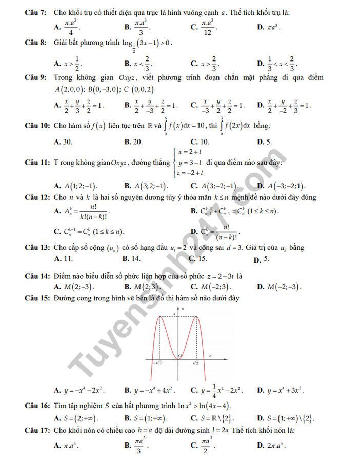 Đề thi thử THPT quốc gia 2019 môn Toán THPT Kĩ thuật Lệ Thủy lần 2 kèm đáp án - Ảnh 2. Đề thi thử THPT quốc gia 2019 môn Toán THPT Kĩ thuật Lệ Thủy lần 2 kèm đáp án - Ảnh 2.