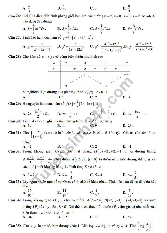 Đề thi thử THPT quốc gia 2019 môn Toán THPT Kĩ thuật Lệ Thủy lần 2 kèm đáp án - Ảnh 4. Đề thi thử THPT quốc gia 2019 môn Toán THPT Kĩ thuật Lệ Thủy lần 2 kèm đáp án - Ảnh 4.