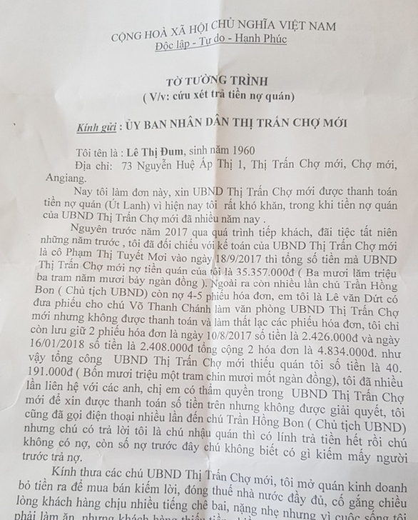 Chủ quán nhậu gửi đơn đòi tiền nợ tiếp khách của lãnh đạo thị trấn - Ảnh 1.