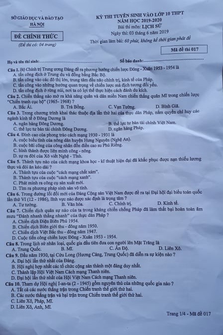 Đề thi vào lớp 10 môn Lịch sử năm 2019 ở Hà Nội - Ảnh 1. Đề thi vào lớp 10 môn Lịch sử năm 2019 ở Hà Nội - Ảnh 1.