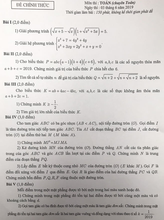 Đề Toán thi vào lớp 10 chuyên Hà Nội năm 2019 - Ảnh 1. Đề Toán thi vào lớp 10 chuyên Hà Nội năm 2019 - Ảnh 1.