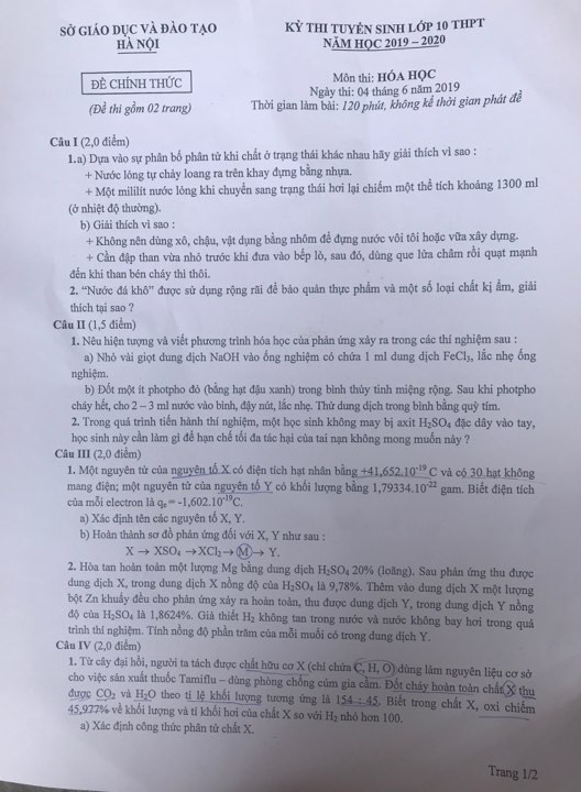 Đề Hóa học thi vào lớp 10 THPT chuyên tại Hà Nội năm 2019 - Ảnh 1. Đề Hóa học thi vào lớp 10 THPT chuyên tại Hà Nội năm 2019 - Ảnh 1.