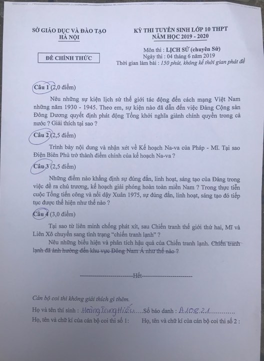 Đề thi vào lớp 10 chuyên môn Lịch sử tại Hà Nội năm 2019 - Ảnh 1. Đề thi vào lớp 10 chuyên môn Lịch sử tại Hà Nội năm 2019 - Ảnh 1.
