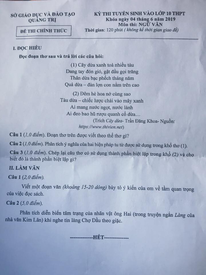 Gợi ý đáp án đề thi vào lớp 10 môn Văn ở Quảng Trị năm 2019 - Ảnh 1. Gợi ý đáp án đề thi vào lớp 10 môn Văn ở Quảng Trị năm 2019 - Ảnh 1.