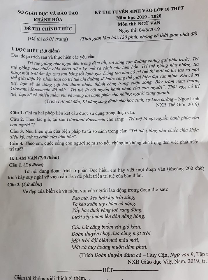 Gợi ý đáp án đề thi vào lớp 10 môn Ngữ văn tỉnh Khánh Hòa năm 2019 - Ảnh 1. Gợi ý đáp án đề thi vào lớp 10 môn Ngữ văn tỉnh Khánh Hòa năm 2019 - Ảnh 1.