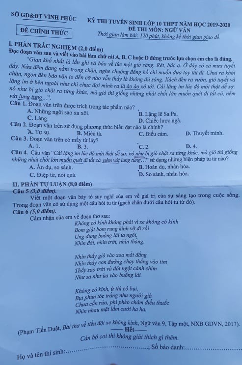 Đề thi vào lớp 10 môn Ngữ văn tỉnh Vĩnh Phúc năm 2019 - Ảnh 1. Đề thi vào lớp 10 môn Ngữ văn tỉnh Vĩnh Phúc năm 2019 - Ảnh 1.