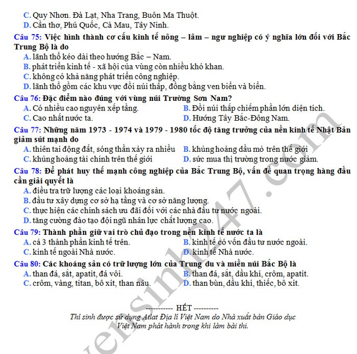 Đề thi thử THPT quốc gia 2019 môn Địa lí THPT Anh Sơn 1 lần 2 - Ảnh 5. Đề thi thử THPT quốc gia 2019 môn Địa lí THPT Anh Sơn 1 lần 2 - Ảnh 5.