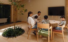 Không gian sống tối giản với vật liệu gỗ và cây xanh cho gia đình trẻ