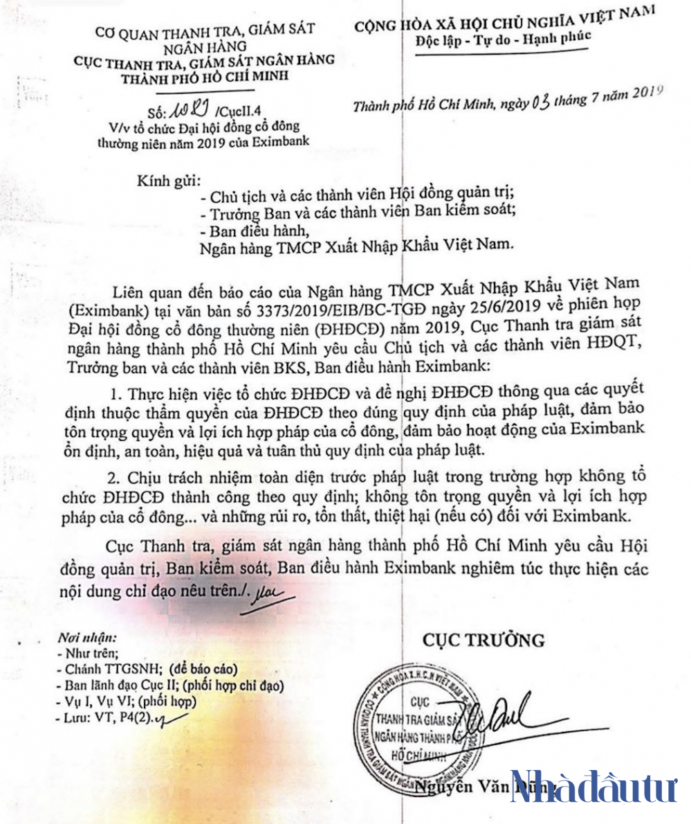 Ngân hàng Nhà nước yêu cầu Eximbank tiến hành Đại hội cổ đông 2019 - Ảnh 2. Ngân hàng Nhà nước yêu cầu Eximbank tiến hành Đại hội cổ đông 2019 - Ảnh 2.