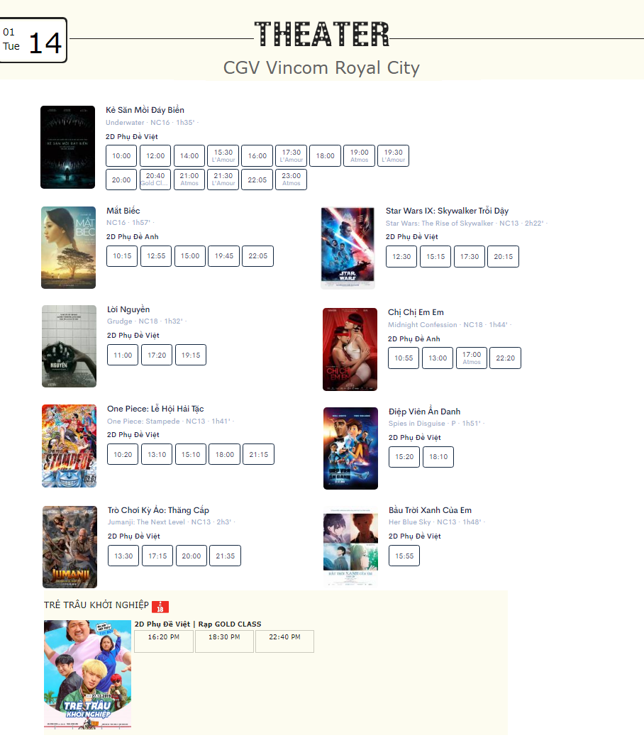Lịch chiếu phim ngày mai (14/1) tại một số rạp CGV Hà Nội - Ảnh 8. Lịch chiếu phim ngày mai (14/1) tại một số rạp CGV Hà Nội - Ảnh 8.