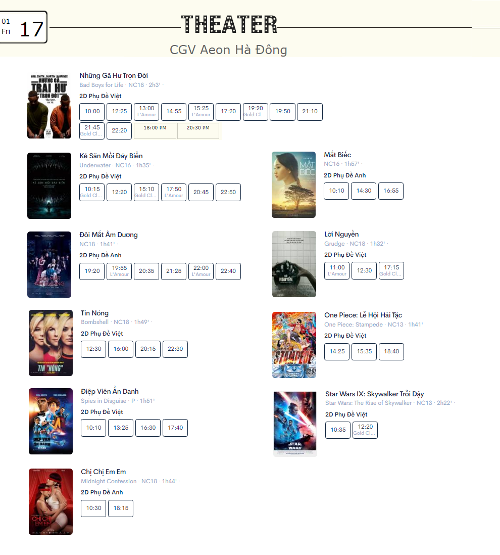 Lịch chiếu phim ngày mai (17/1) tại một số rạp CGV Hà Nội - Ảnh 10. Lịch chiếu phim ngày mai (17/1) tại một số rạp CGV Hà Nội - Ảnh 10.