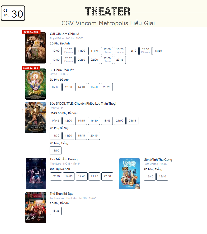 Lịch chiếu phim ngày mai (30/1) tại một số rạp CGV Hà Nội - Ảnh 9. Lịch chiếu phim ngày mai (30/1) tại một số rạp CGV Hà Nội - Ảnh 9.