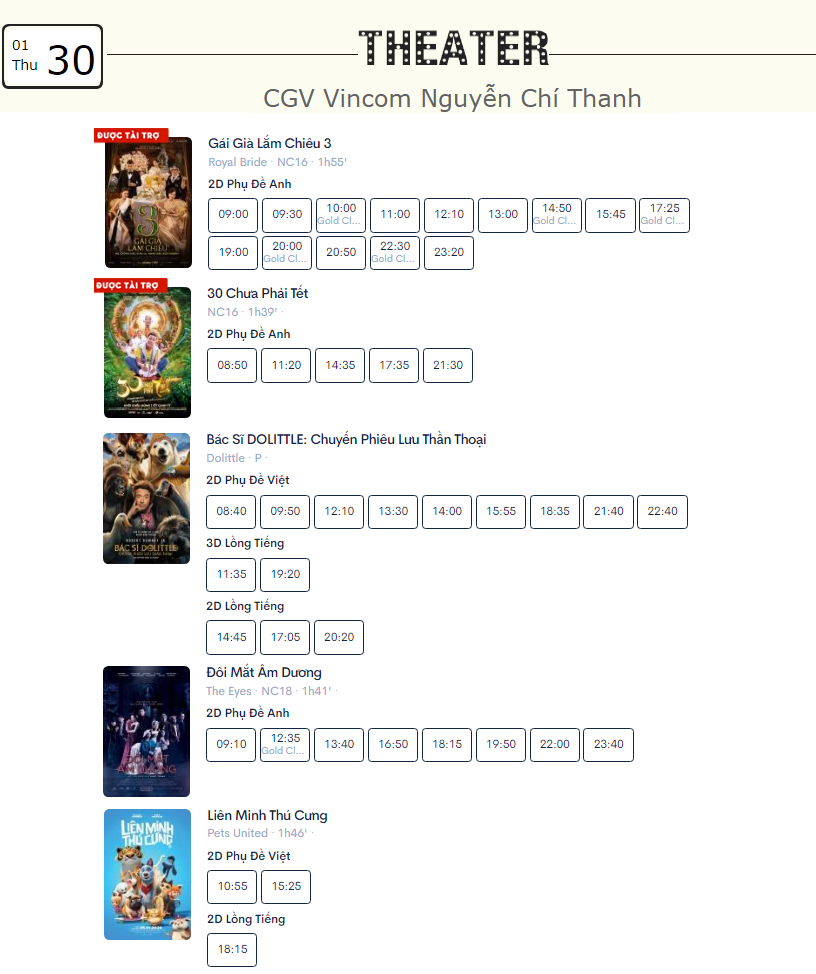 Lịch chiếu phim ngày mai (30/1) tại một số rạp CGV Hà Nội - Ảnh 5. Lịch chiếu phim ngày mai (30/1) tại một số rạp CGV Hà Nội - Ảnh 5.
