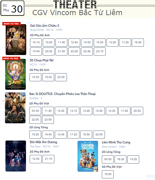Lịch chiếu phim hôm nay (30/1) tại một số rạp CGV Hà Nội - Ảnh 3. Lịch chiếu phim hôm nay (30/1) tại một số rạp CGV Hà Nội - Ảnh 3.