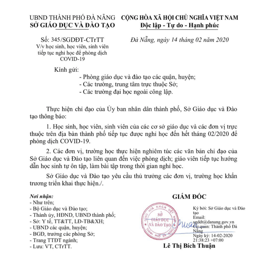 Đà Nẵng cho học sinh nghỉ hết tháng 2 để phòng dịch Covid-19 - Ảnh 1. Đà Nẵng cho học sinh nghỉ hết tháng 2 để phòng dịch Covid-19 - Ảnh 1.