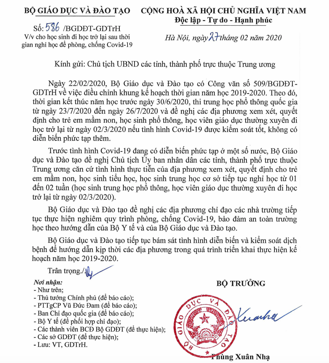 Bộ Giáo dục đề nghị cho học sinh từ mầm non đến lớp 9 nghỉ học thêm hai tuần - Ảnh 1. Bộ Giáo dục đề nghị cho học sinh từ mầm non đến lớp 9 nghỉ học thêm hai tuần - Ảnh 1.