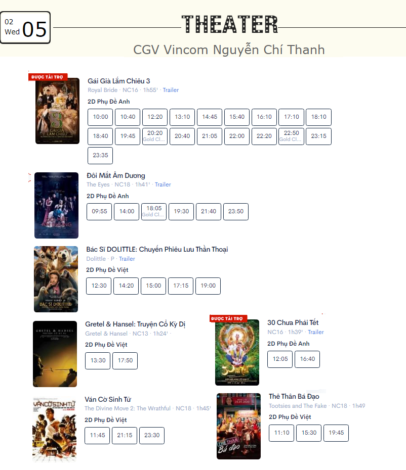 Lịch chiếu phim ngày mai (5/2) tại một số rạp CGV Hà Nội - Ảnh 5. Lịch chiếu phim ngày mai (5/2) tại một số rạp CGV Hà Nội - Ảnh 5.