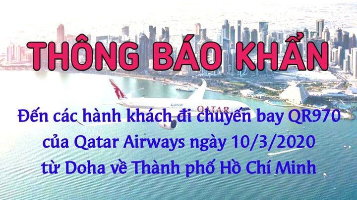 TP HCM ra thông báo khẩn cho hành khách đi trên chuyến bay QR970 ngày 10/3 - Ảnh 1. TP HCM ra thông báo khẩn cho hành khách đi trên chuyến bay QR970 ngày 10/3 - Ảnh 1.