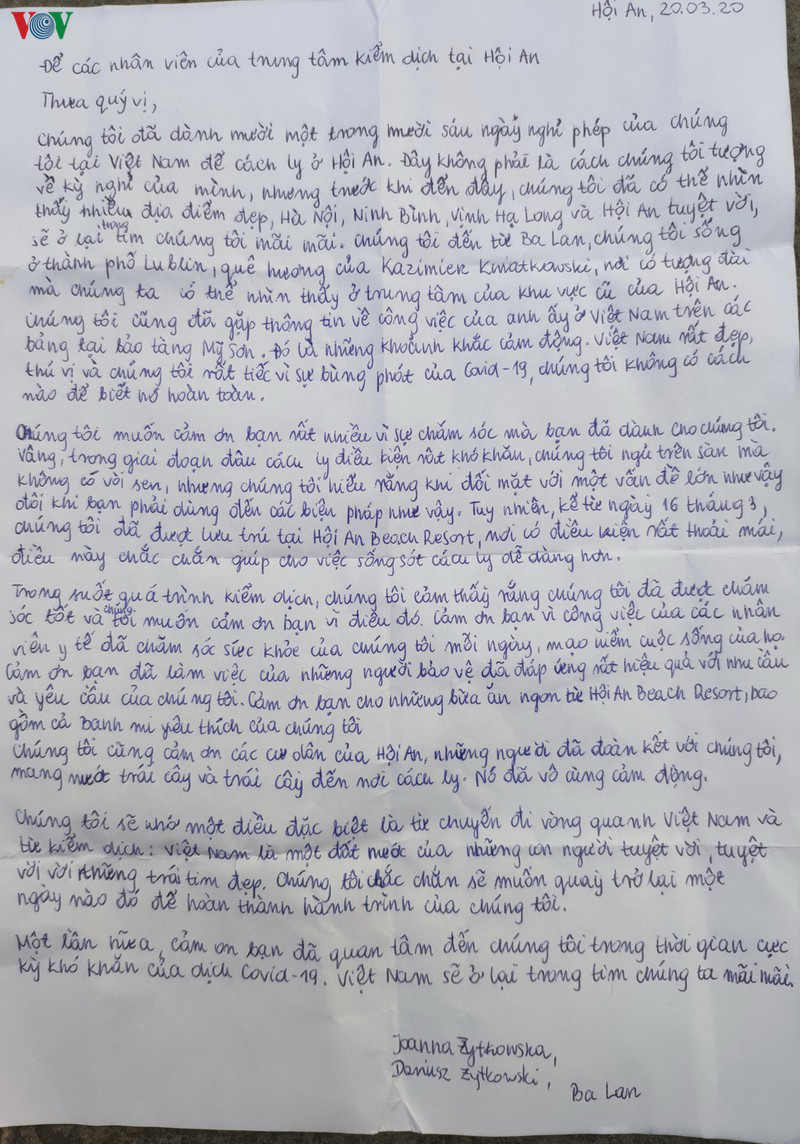 Lá thư cảm ơn của nữ du khách Ba Lan trong thời gian cách li ở Hội An - Ảnh 1. Lá thư cảm ơn của nữ du khách Ba Lan trong thời gian cách li ở Hội An - Ảnh 1.