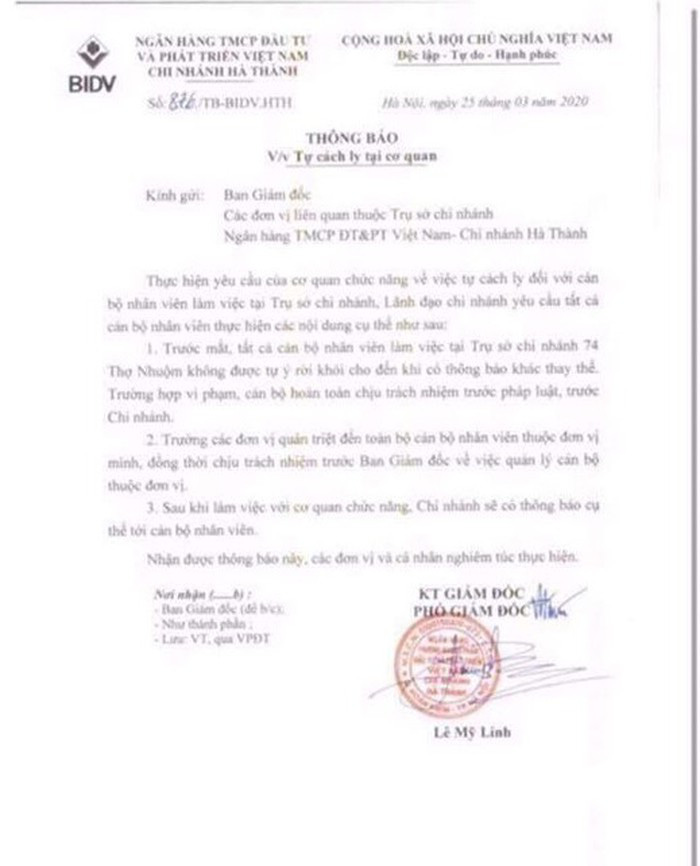Cách li Chi nhánh BIDV Hà Thành vì tiếp xúc với bệnh nhân Covid-19 - Ảnh 1. Cách li Chi nhánh BIDV Hà Thành vì tiếp xúc với bệnh nhân Covid-19 - Ảnh 1.
