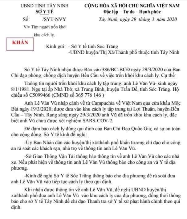 Tây Ninh thông báo khẩn truy tìm người trốn khỏi khu cách li phòng bệnh Covid-19 - Ảnh 1. Tây Ninh thông báo khẩn truy tìm người trốn khỏi khu cách li phòng bệnh Covid-19 - Ảnh 1.
