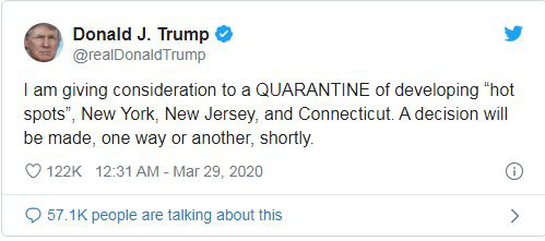 Tổng thống Mỹ Donald Trump cân nhắc áp lệnh phong tỏa New York, New Jersey và Connecticut - Ảnh 2. Tổng thống Mỹ Donald Trump cân nhắc áp lệnh phong tỏa New York, New Jersey và Connecticut - Ảnh 2.