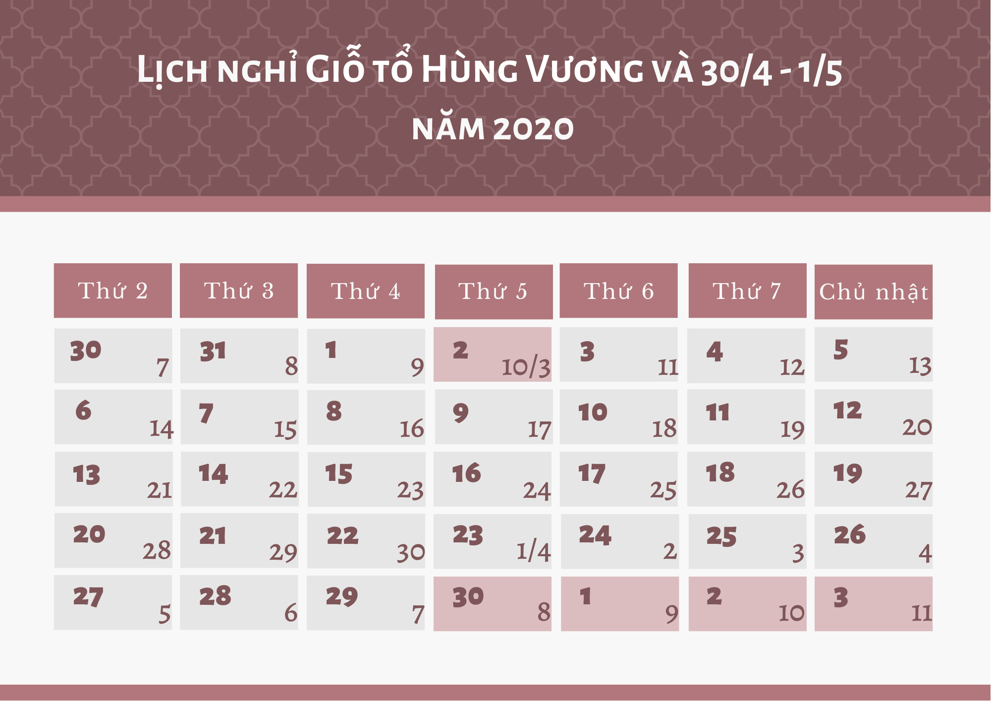 Lịch nghỉ lễ Giỗ tổ Hùng Vương và 30/4 - 1/5 năm 2020 - Ảnh 1.