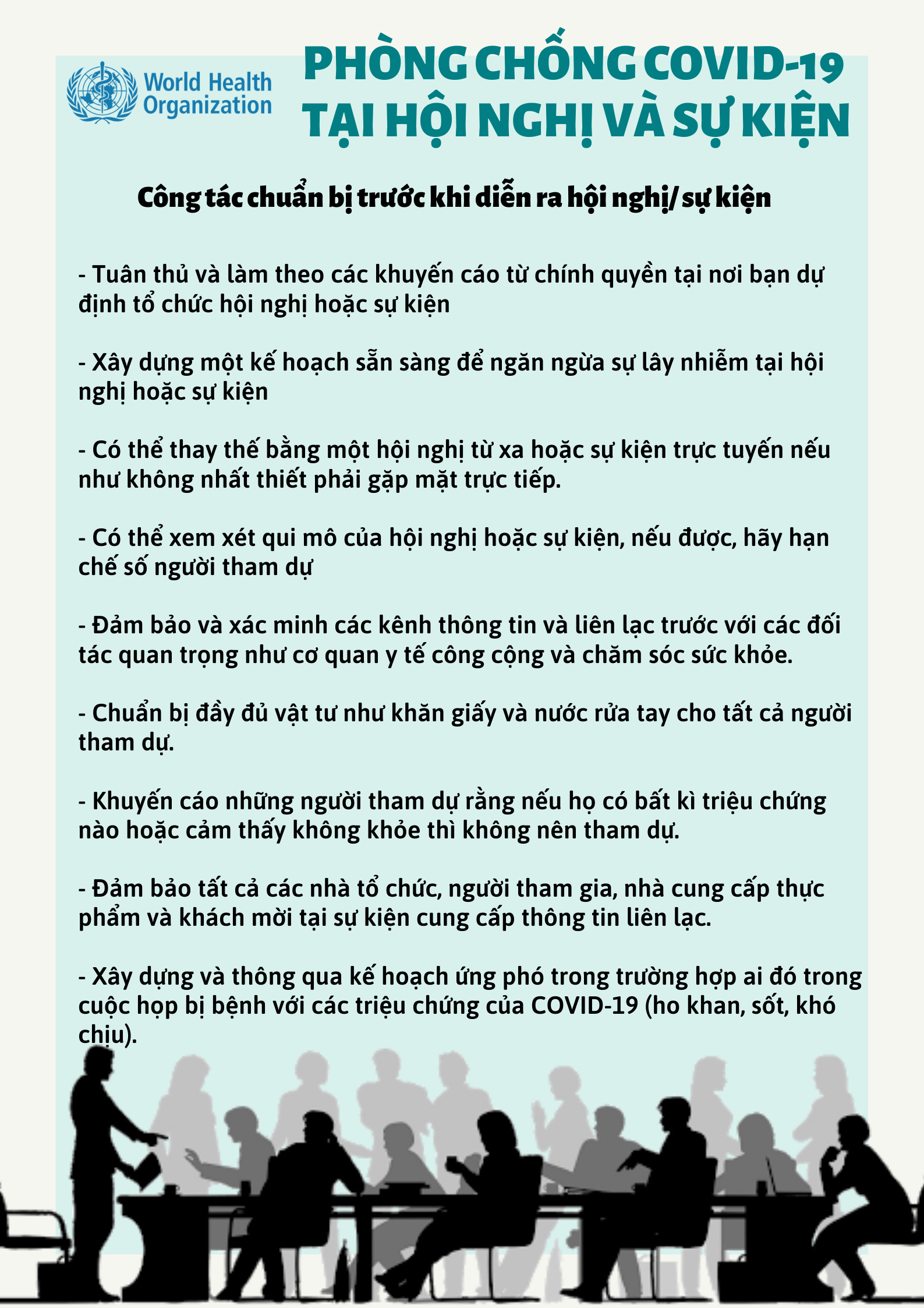 WHO khuyến cáo cách phòng chống COVID-19 tại nơi làm việc và khi tham dự hội nghị hoặc sự kiện - Ảnh 6. WHO khuyến cáo cách phòng chống COVID-19 tại nơi làm việc và khi tham dự hội nghị hoặc sự kiện - Ảnh 6.