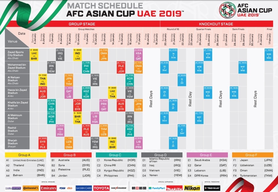 lich thi dau chinh thuc cua dt viet nam tai asian cup 2019