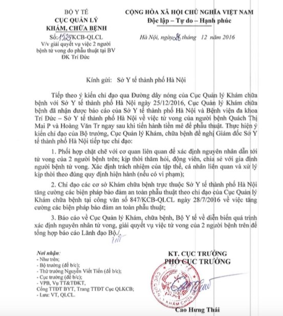 bo y te chi dao vu 2 benh nhan tu vong o benh vien tri duc