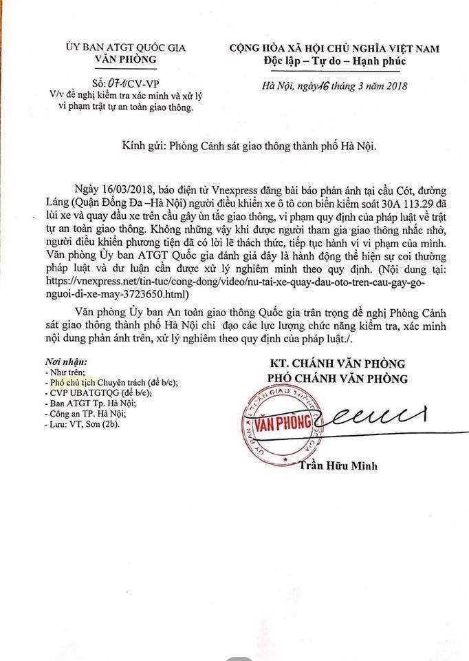 uy ban atgt quoc gia yeu cau xu ly nghiem vu nu tai xe quay dau xe o to tren cau mang xe may chan duong