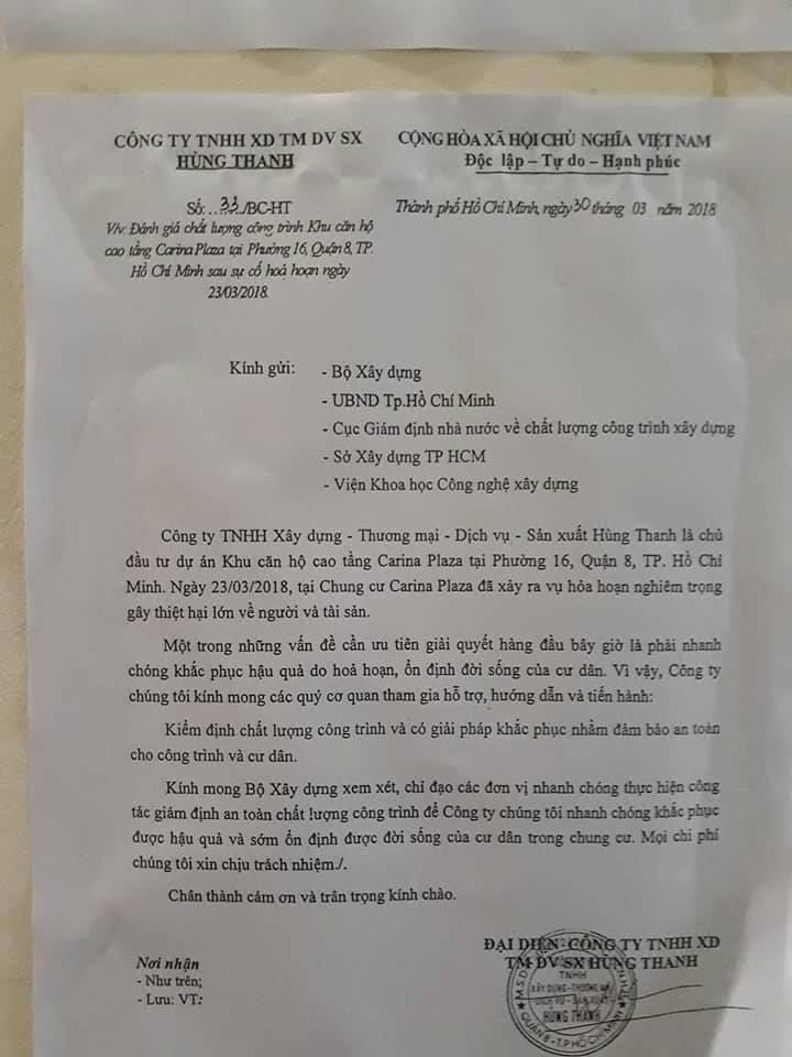 chu dau tu carina plaza bi yeu cau dung viec sua chua chung cu giu nguyen hien truong vu chay