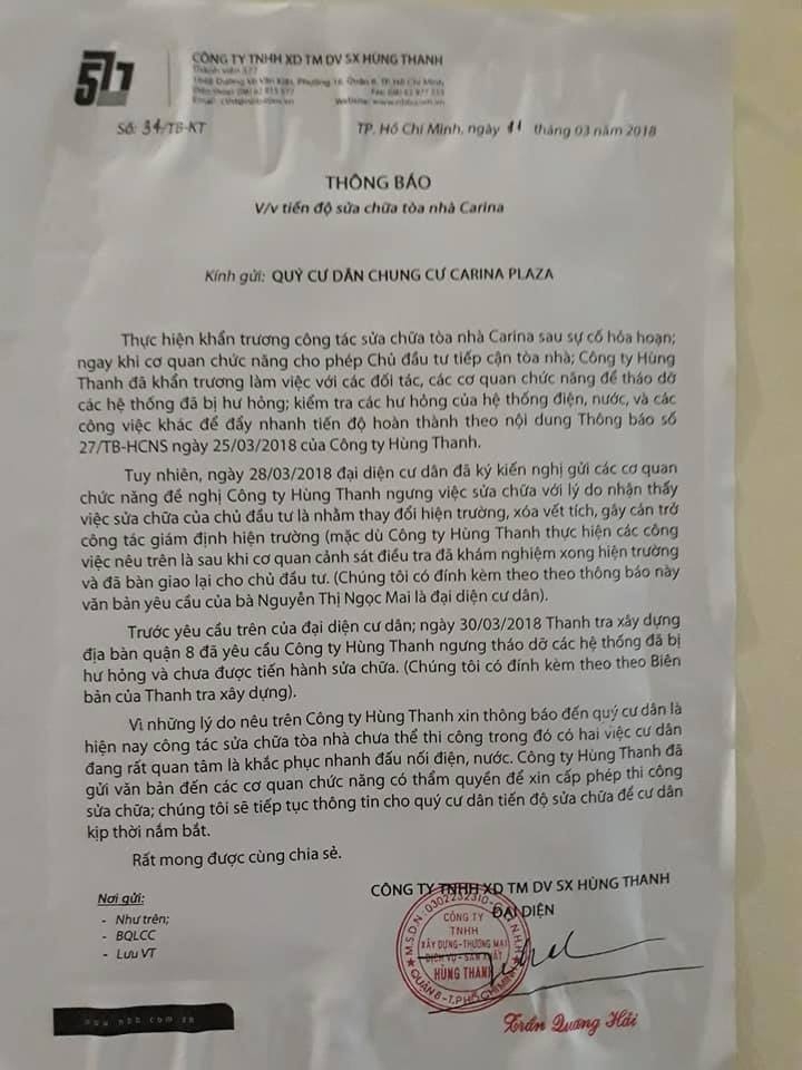 chu dau tu carina plaza bi yeu cau dung viec sua chua chung cu giu nguyen hien truong vu chay