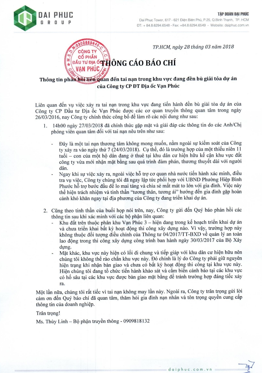 chu dau tu len tieng viec bi to phui trach nhiem vu be trai chet duoi trong khu do thi van phuc city